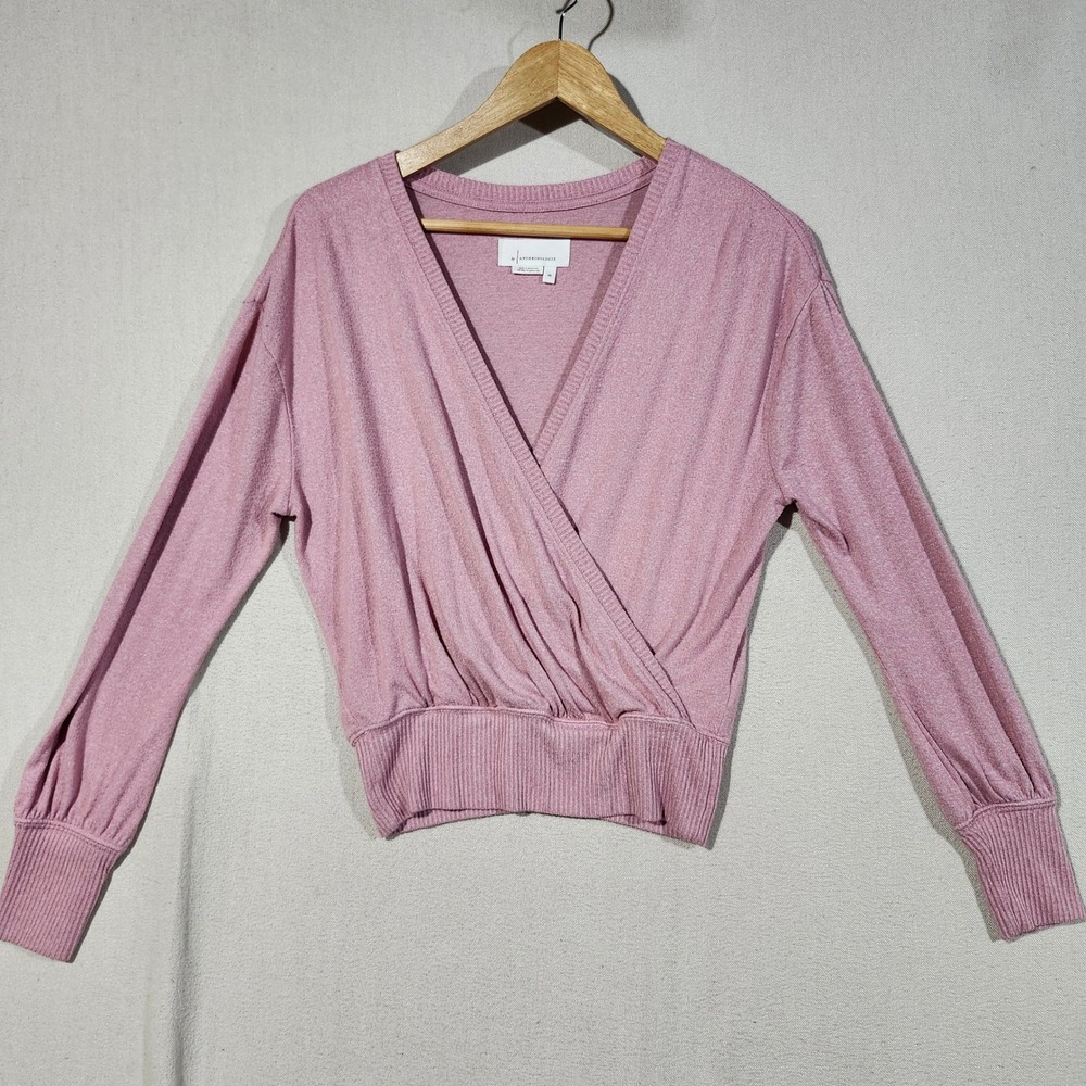 Anthropologie Mauve Pink Wrap Surplice Long Sleeve Ribbed Knit Top XS Pleated